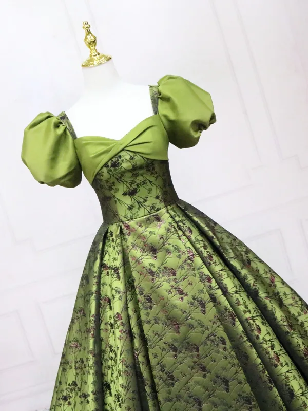 Elegant Sage Green Printing Prom Dresses 2025 Ball Gown Square Neckline Puffy Short Sleeve Backless Floor-Length / Long Prom Formal Dresses