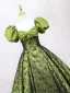 Elegant Sage Green Printing Prom Dresses 2025 Ball Gown Square Neckline Puffy Short Sleeve Backless Floor-Length / Long Prom Formal Dresses