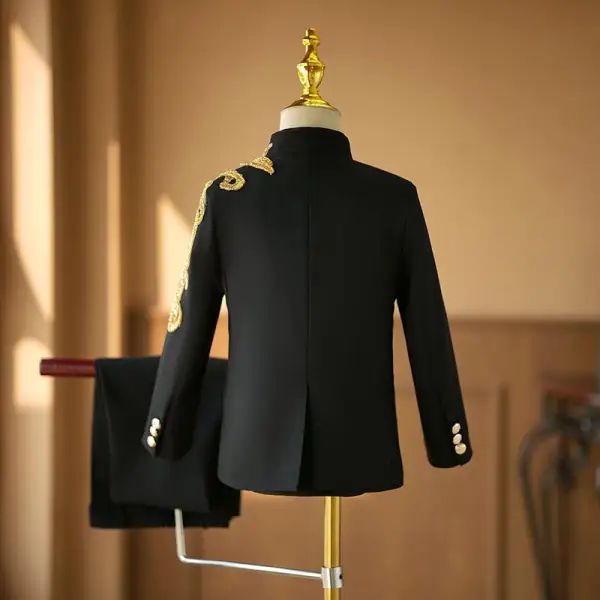 Chinese style Black Beading Lace Flower 2-piece Boys Wedding Suits 2024 Long Sleeve Coat Pants