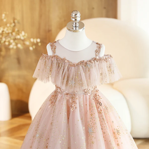 Bling Bling Blushing Pink Beading Star Sequins Birthday Flower Girl Dresses 2023 Ball Gown Scoop Neck Short Sleeve Backless Floor-Length / Long Flower Girl Dresses
