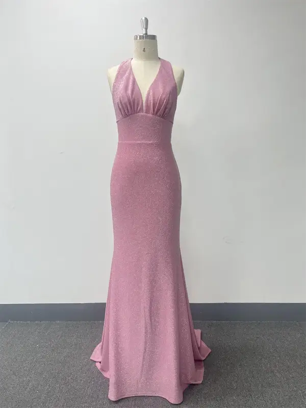 Sexy Rougissant Rose Glitter Robe De Soirée 2024 Trompette / Sirène Titulaire Sans Manches Dos Nu Noeud Train De Balayage Soirée Robe De Ceremonie