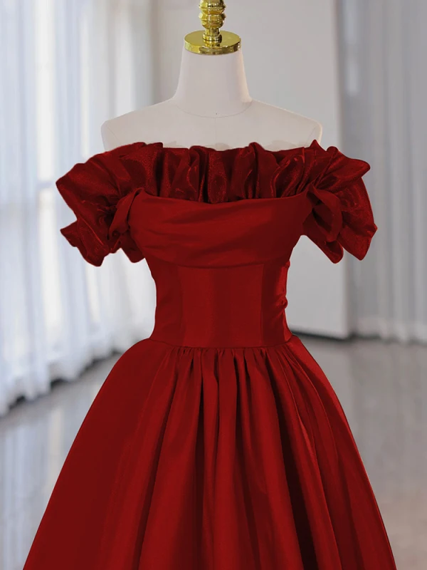 Elegant Burgundy Satin Prom Dresses 2023 A-Line / Princess Ruffle Strapless Sleeveless Backless Floor-Length / Long Prom Formal Dresses