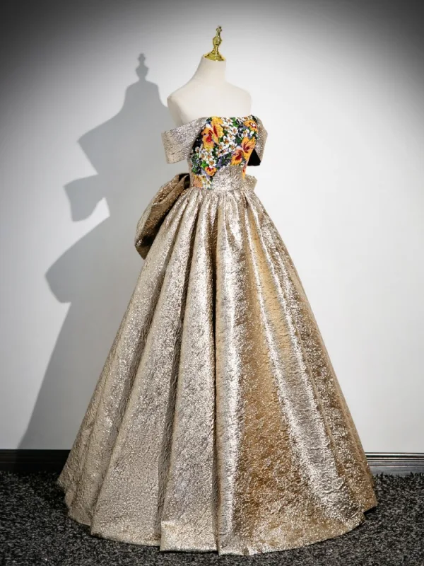 Elegant Gold Sequins Prom Dresses 2024 Ball Gown Strapless Sleeveless Backless Bow Floor-Length / Long Prom Formal Dresses