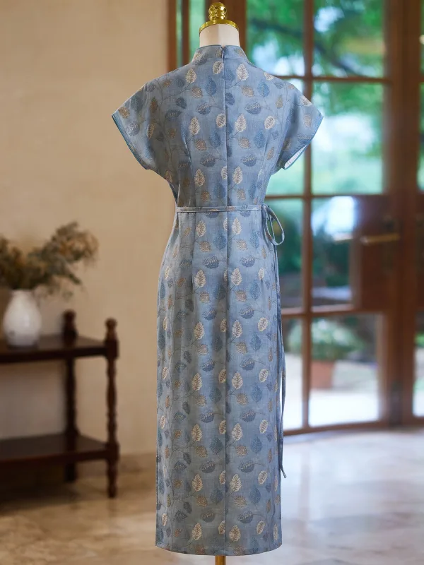 Chinese style Vintage / Retro Sky Blue Printing Cheongsam 2024 Trumpet / Mermaid High Neck Short Sleeve Tea-length