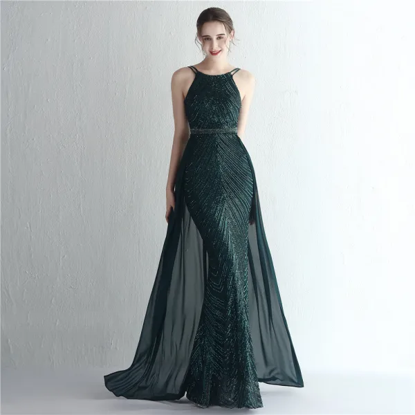 Sexy Burgundy Sequins Evening Dresses 2024 Trumpet / Mermaid Spaghetti Straps Sleeveless Backless Floor-Length / Long Evening Party Formal Dresses
