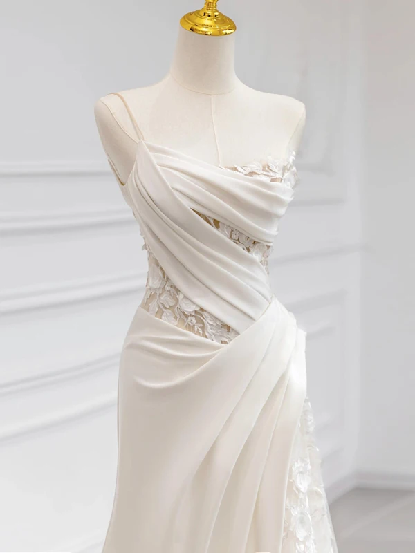 Charmant Légère Blanche En Dentelle Fleur Satin Robe De Mariée 2024 Trompette / Sirène Bretelles Spaghetti Sans Manches Dos Nu Train De Balayage Mariage