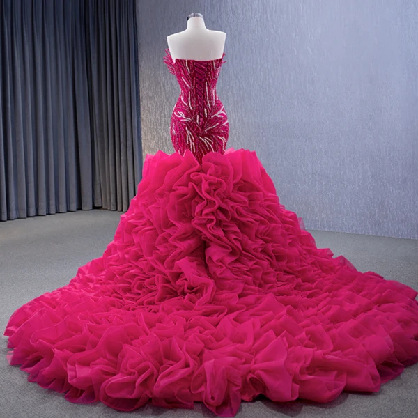 High-end Fuchsia Handmade  Beading Pearl Sequins Cascading Ruffles Prom Dresses 2023 Trumpet / Mermaid Strapless Sleeveless Backless Royal Train Prom Formal Dresses