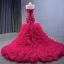 High-end Fuchsia Handmade  Beading Pearl Sequins Cascading Ruffles Prom Dresses 2023 Trumpet / Mermaid Strapless Sleeveless Backless Royal Train Prom Formal Dresses