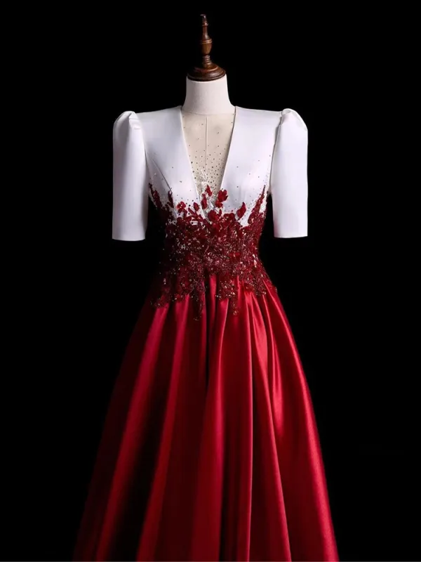 Elegante Burgunderrot Perlenstickerei Pailletten Satin Ballkleider 2024 Ballkleid V-Ausschnitt Kurze Ärmel Lange Ball Festliche Kleider