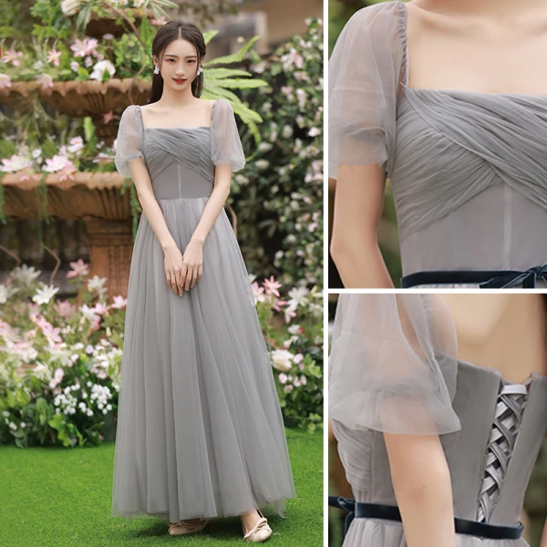 Simple Gris Robe Demoiselle D'honneur 2022 Princesse Noeud Ceinture Manches Courtes Dos Nu Longue Robe De Ceremonie