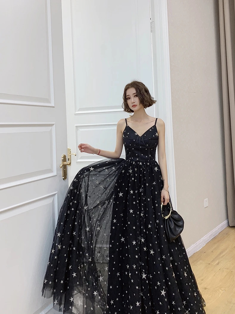 Chic Beautiful Black Star Prom Dresses 2022 A-Line Princess Spaghetti Straps Sleeveless
