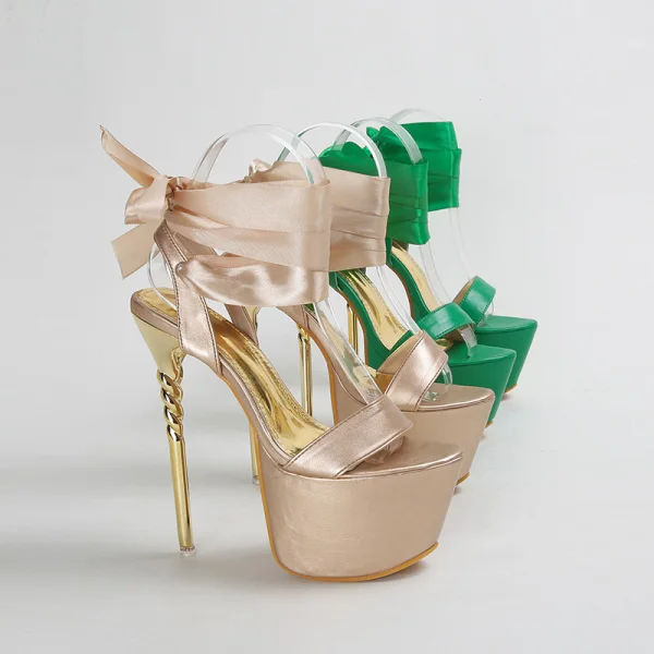 Inhabituel Champagne Cuir Verni Soirée Sandales Femme 2023 Bride Cheville 17 cm Talons Aiguilles Peep Toes / Bout Ouvert Sandales Talons Hauts