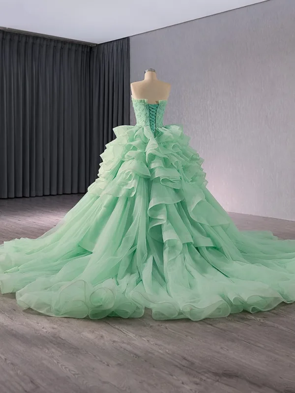 High-end Sage Green Beading Pearl Sequins Cascading Ruffles Prom Dresses 2024 Ball Gown Strapless Sleeveless Backless Chapel Train Prom Formal Dresses