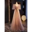 Bling Bling Champagne Beading Pearl Sequins Prom Dresses 2024 A-Line / Princess V-Neck Short Sleeve Backless Floor-Length / Long Prom Formal Dresses