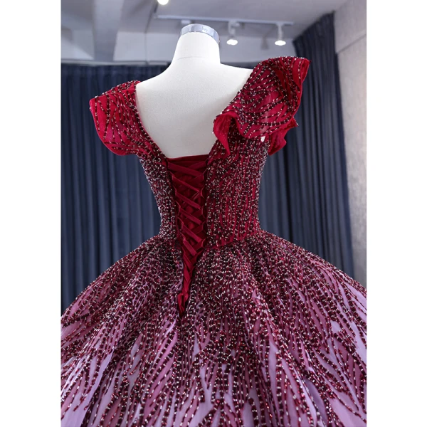 High-end Gradient-Color Burgundy Handmade  Beading Prom Dresses 2023 Ball Gown V-Neck Sleeveless Backless Floor-Length / Long Formal Dresses