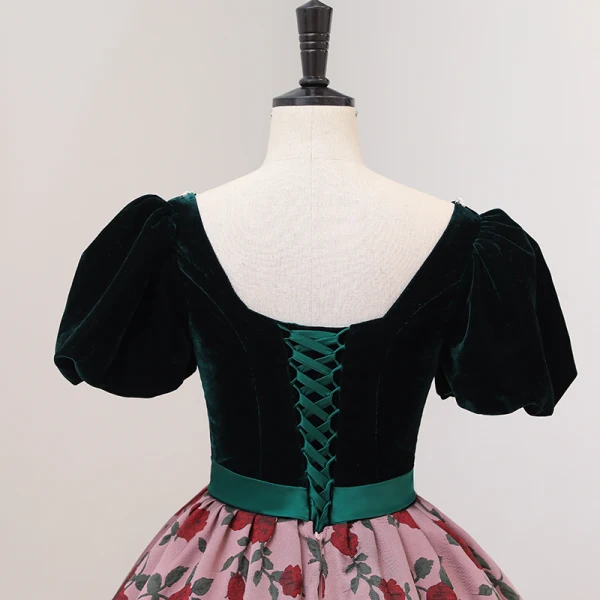 Chic / Belle Vert Foncé Impression Robe De Bal 2022 Robe Boule Encolure Carrée Manches Courtes Dos Nu Noeud Ceinture Longue Promo Robe De Ceremonie