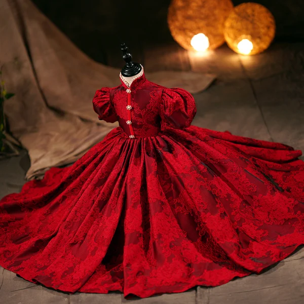 Elegant Burgundy Lace Flower Birthday Flower Girl Dresses 2024 Ball Gown High Neck Short Sleeve Floor-Length / Long
