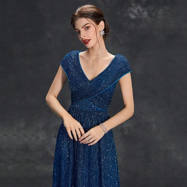 Sparkly Navy Blue Sequins Evening Dresses 2025 A-Line / Princess V-Neck Sleeveless Floor-Length / Long Evening Party Formal Dresses