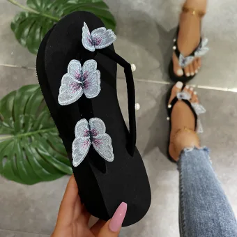 Affordable Black Summer Beach Slipper Flip Flops 2022 Lace Butterfly Open Peep Toe Flat Womens Sandals