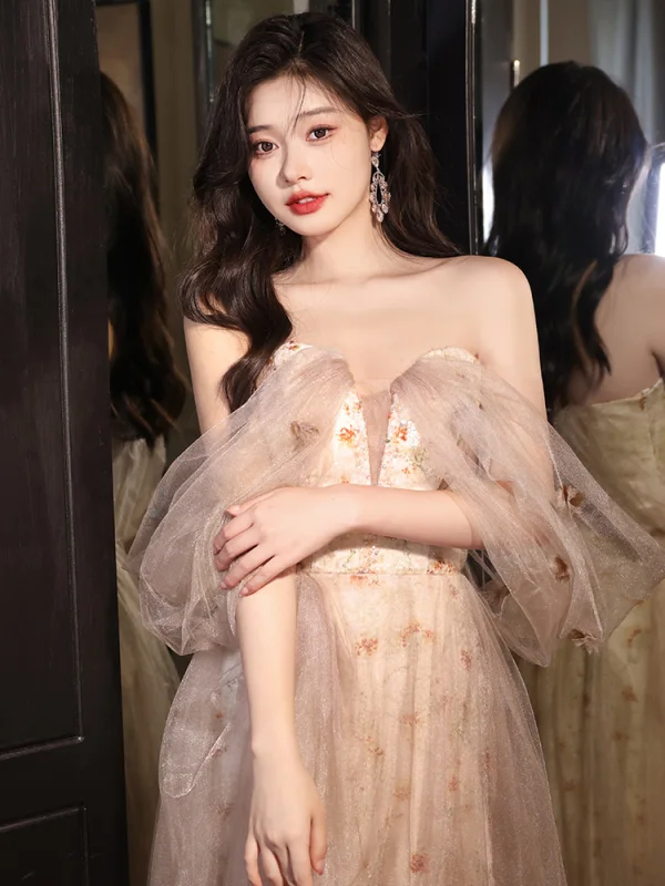 Charming Champagne Sequins Printing Prom Dresses 2024 A-Line / Princess Off-The-Shoulder Sleeveless Backless Floor-Length / Long Prom Formal Dresses