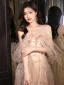 Charming Champagne Sequins Printing Prom Dresses 2024 A-Line / Princess Off-The-Shoulder Sleeveless Backless Floor-Length / Long Prom Formal Dresses