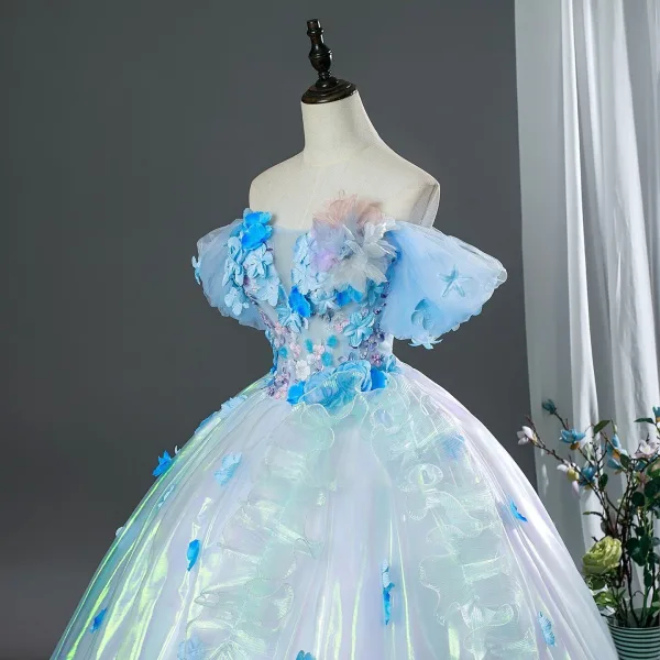 Zauberhaft Himmelblau Applikationen Ballkleider 2026 Ballkleid Off Shoulder Kurze Ärmel Rückenfreies Lange Festliche Kleider