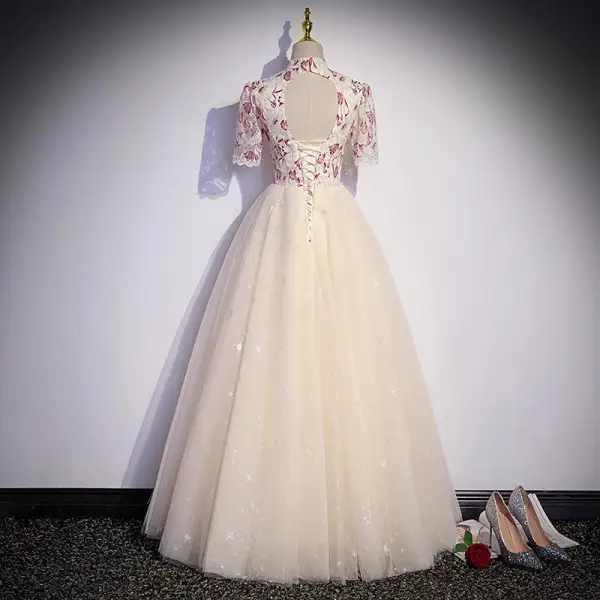 Vintage / Retro Chinese style Champagne Prom Dresses 2022 A-Line / Princess High Neck Star Sequins Lace Flower Short Sleeve Backless Floor-Length / Long Prom Formal Dresses