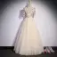 Vintage / Retro Chinese style Champagne Prom Dresses 2022 A-Line / Princess High Neck Star Sequins Lace Flower Short Sleeve Backless Floor-Length / Long Prom Formal Dresses