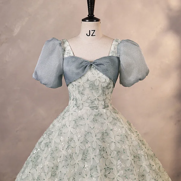 Chic / Beautiful Grey Printing Prom Dresses 2023 Ball Gown Square Neckline Bow Puffy Short Sleeve Backless Floor-Length / Long Prom Formal Dresses