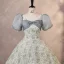 Chic / Beautiful Grey Printing Prom Dresses 2023 Ball Gown Square Neckline Bow Puffy Short Sleeve Backless Floor-Length / Long Prom Formal Dresses