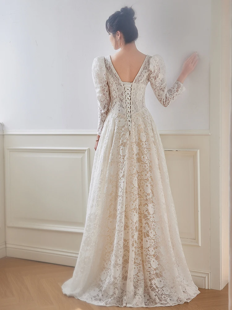 Vintage Retro Ivory Lace Flower Wedding Dresses 2024 A-Line Princess Square Neckline