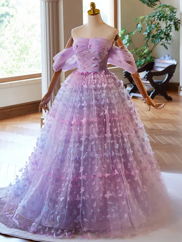 Glamorous Lilac Butterfly Prom Dresses 2024 Crossed Straps Tulle Sweet 16 A-Line / Princess Short Sleeve Floor-Length / Long Off-The-Shoulder Formal Dresses