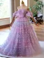 Glamorous Lilac Butterfly Prom Dresses 2024 Crossed Straps Tulle Sweet 16 A-Line / Princess Short Sleeve Floor-Length / Long Off-The-Shoulder Formal Dresses