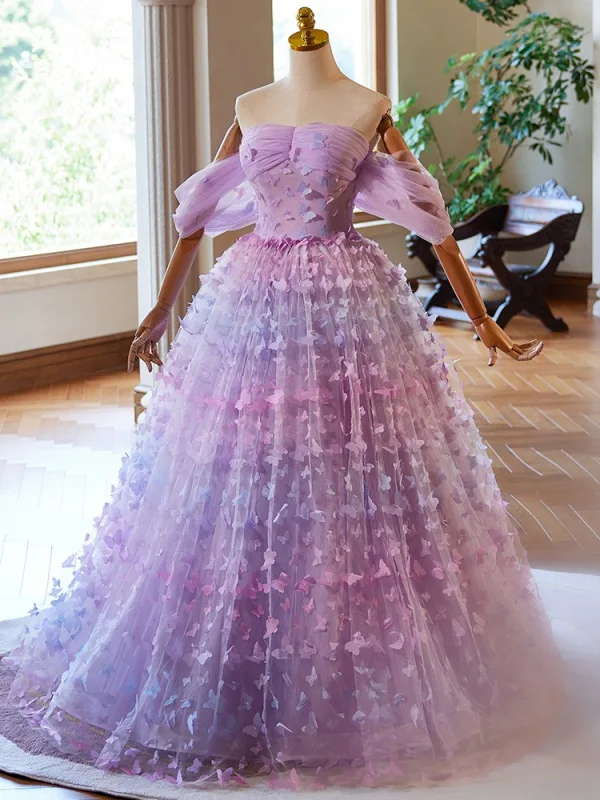 Blumenfee Lavendel Schmetterling Ballkleider 2024 Ballkleid Off Shoulder Ärmellos Rückenfreies Lange Ball Festliche Kleider
