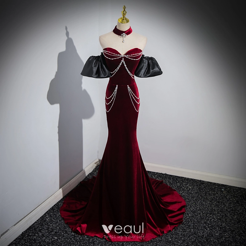 burgundy velvet mermaid dress Burgundy Mermaid Velvet Dresses Off The Shoulder With Slit