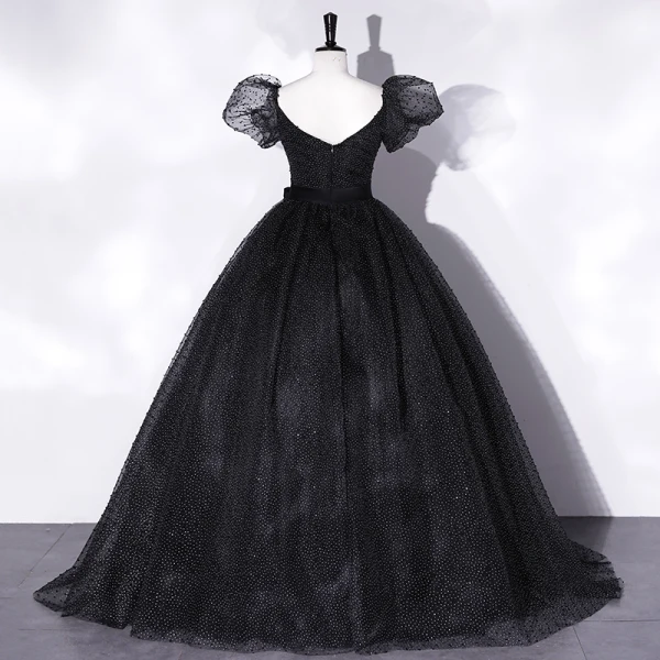Élégant Noire Tachetée Robe De Bal 2022 Robe Boule Encolure Carrée Gonflée Manches Courtes Dos Nu Noeud Ceinture Longue Promo Robe De Ceremonie