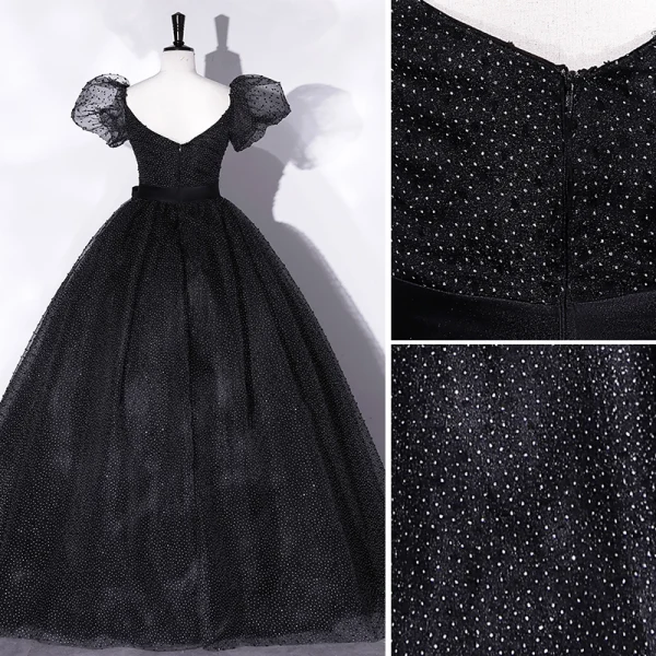 Élégant Noire Tachetée Robe De Bal 2022 Robe Boule Encolure Carrée Gonflée Manches Courtes Dos Nu Noeud Ceinture Longue Promo Robe De Ceremonie