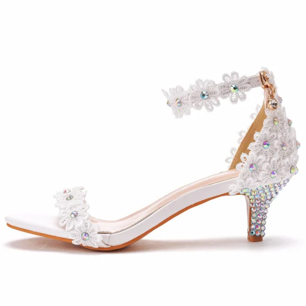 Sexy Charmant Weiß Strass Spitze Blumen Brautschuhe 2022 Knöchelriemen 5 cm Stilettos Peeptoes Hochzeit Sandaletten Hochhackige