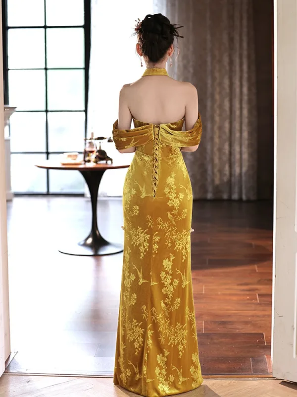 gold velvet prom dress Haute Couture Chocolate Velvet Prom Dress with Slit FD2591 viniodress –  Viniodress
