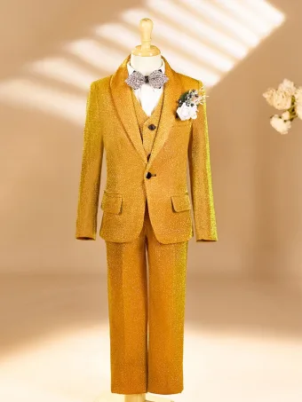 Glanz Gelb Herbst Winter 6 Stück Lange Ärmel Anzüge Jungs 2025 Schulterschmuck Mantel Halskette Hose Hemd Krawatte Weste