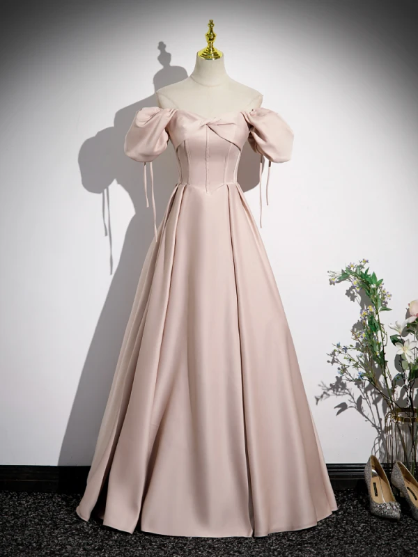 Modest / Simple Blushing Pink Satin Prom Dresses 2023 A-Line / Princess Square Neckline Puffy Short Sleeve Backless Floor-Length / Long Prom Formal Dresses