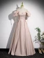 Modest / Simple Blushing Pink Satin Prom Dresses 2023 A-Line / Princess Square Neckline Puffy Short Sleeve Backless Floor-Length / Long Prom Formal Dresses
