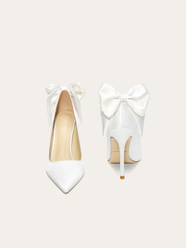 Elegante Weiß Schleife Brautschuhe 2024 Leder 10 cm Stilettos Spitzschuh Hochzeit Pumps