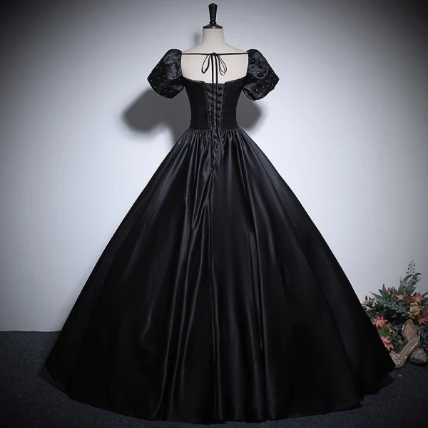 Vintage / Retro Black Satin Prom Dresses 2024 Ball Gown Square Neckline Puffy Short Sleeve Backless Floor-Length / Long Prom Formal Dresses