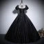 Vintage / Retro Black Satin Prom Dresses 2024 Ball Gown Square Neckline Puffy Short Sleeve Backless Floor-Length / Long Prom Formal Dresses