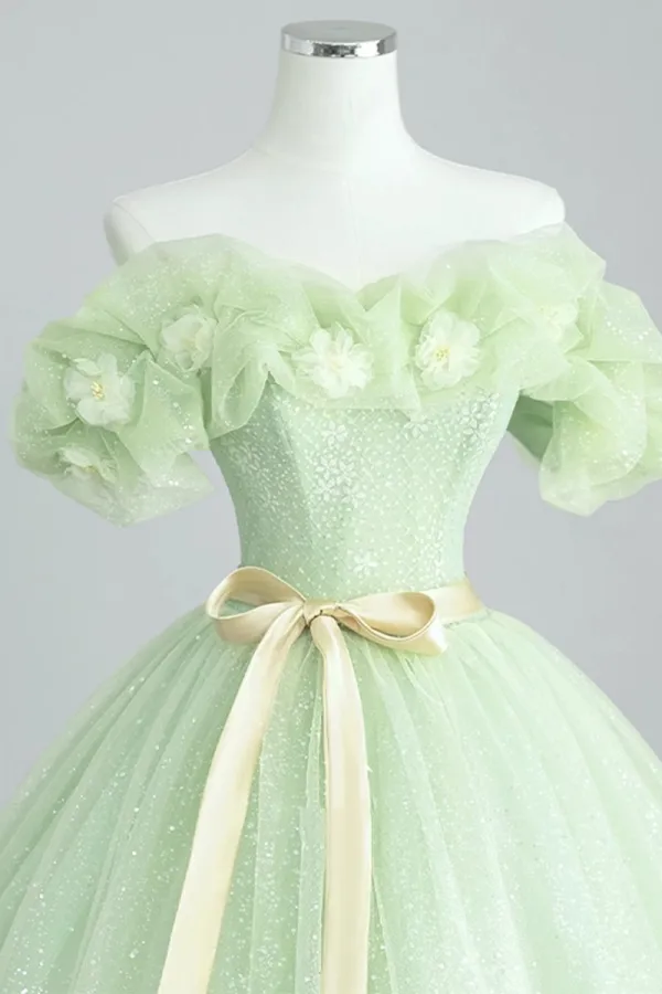Elegant Sage Green Sequins Appliques Prom Dresses 2023 Ball Gown Off-The-Shoulder Sleeveless Backless Bow Sash Floor-Length / Long Formal Dresses