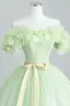 Elegant Sage Green Sequins Appliques Prom Dresses 2023 Ball Gown Off-The-Shoulder Sleeveless Backless Bow Sash Floor-Length / Long Formal Dresses
