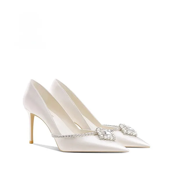 Eleganta Vita Pärla Rhinestone Läder Brudskor 2026 6 cm Stilettklackar Spetsiga Bröllop Pumps Högklackade