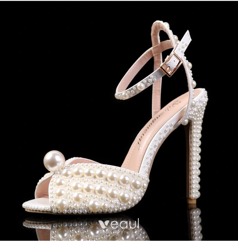 Hanfike Avondsandalen voor Dames Lage Hak Enkelbandje Trouwfeest Schoenen JY099, Ivoor, 40 EU