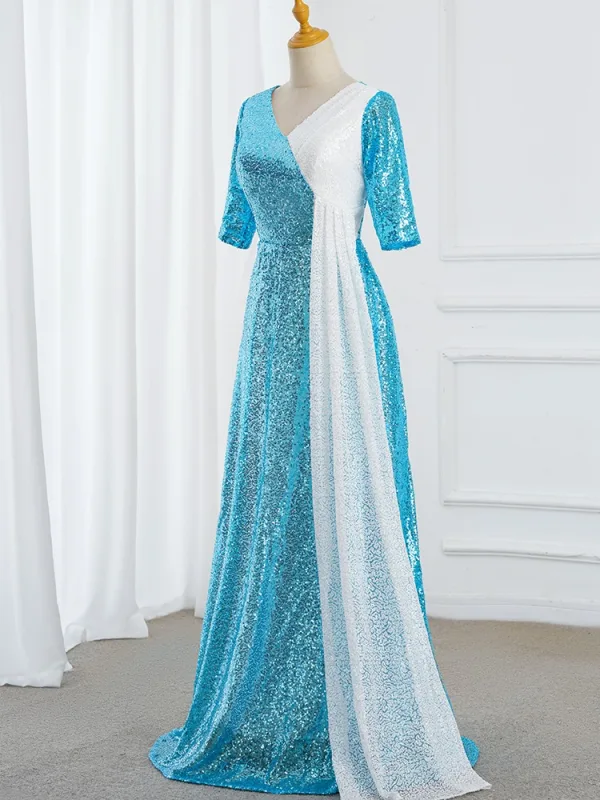 Vintage / Originale Bleu Roi Paillettes Robe De Bal 2025 Trompette / Sirène V-Cou Manches Courtes Longue Promo Robe De Ceremonie